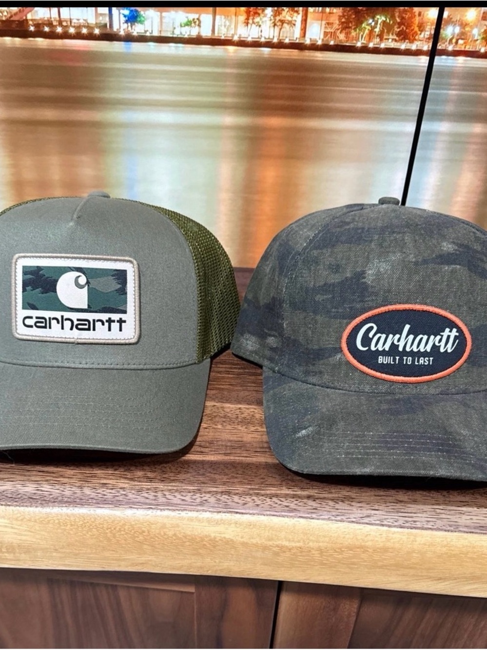 Carhartt Olive Green and Camo Patch Trucker Hats (Pair)